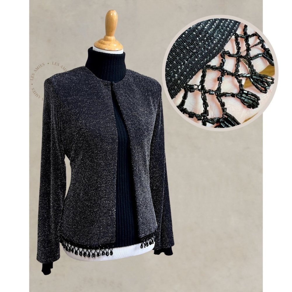 XSCAPE Sparkly Metallic Beaded Tassel Formal Cardigan Jacket with Shoulder Pads